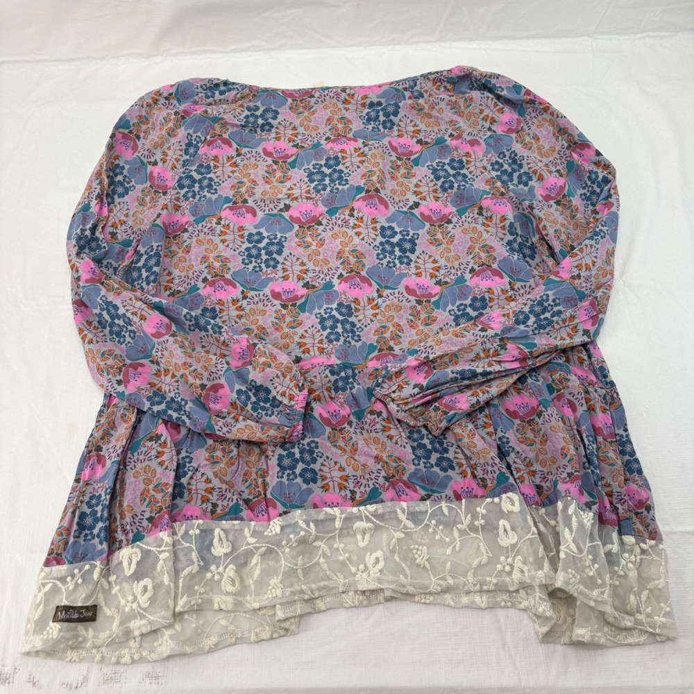 Matilda Jane Womens M Floral Peplum Blouse Boho Lace Trim Tassel Tie Pink Blue - Picture 5 of 6